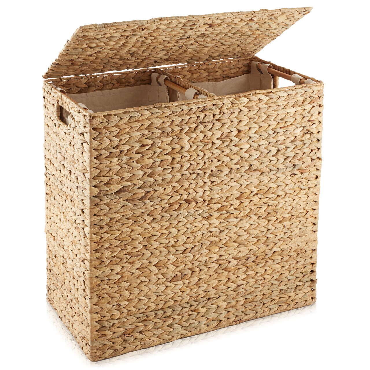 Casafield 2-Section Laundry Hamper with Removable Liner Bags, Woven Water Hyacinth Double Laundry Basket Sorter for Clothes and Towels